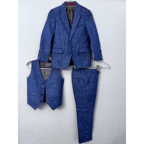 Marvelous Kids Boys Suit Set 3-Piece With Jacket Vest & Pants Size 6 Blue Plaid - Picture 1 of 15